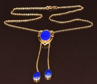 Art Nouveau yellow metal necklace set with lapis lazuli (tests as 14k) with adjustable length, 9.9g,