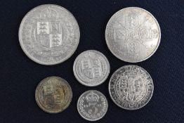A group of high grade Queen Victoria silver coins to include 1887 half crown, EF, 1887 florin,
