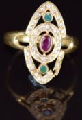 An 18ct gold ring set with a ruby, emerald and cubic zirconia (damaged), 2.9g, size U