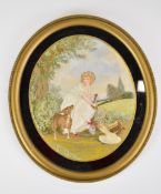 19th century needlework or tapestry picture of a lady in a garden with a wheelbarrow of flowers,