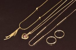 Two 9ct gold necklaces, a 9ct gold chain with heart pendant and three single 9ct gold earrings, 4.2g
