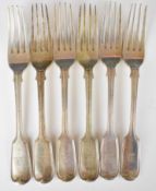 Set of six Victorian Fiddle and Thread pattern dessert forks, Exeter 1854, maker Josiah Williams &
