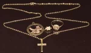 A 9ct gold pendant in the form of a lady, 9ct gold ring set with a diamond (size M), 9ct gold