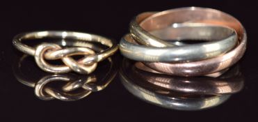 A 9ct gold love knot ring and a 9ct gold tri-coloured Russian style wedding band / ring, 6g, sizes M