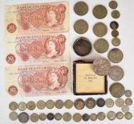 Approximately 229g (including mount) of pre 1947 English silver coinage including a 1688 James II