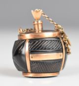 19th century carved seed pod or similar scent bottle, with gold fittings and chain, width 2.5cm
