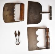 Three 19th or early 20th century herb cutters and a pair of small shears, length of shears 10.5cm