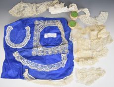 Collection of 19thC lace, some mounted on tissue, some good lengths including pennant shape border