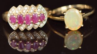 Two 9ct gold rings, one set with an opal the other rubies and diamonds, 5.4g, sizes S & T