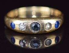 A c1915 18ct gold ring set with sapphires and diamonds (two stones missing), 3.8g, size O