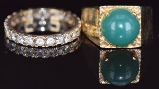 A 9ct gold ring set with a green agate cabochon and a 9ct gold eternity ring, 7g, sizes M & N