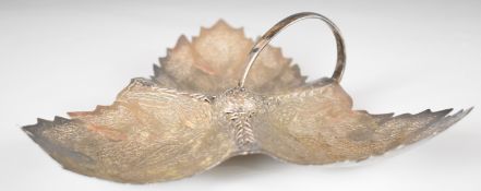 Indian or similar silver serving dish with three compartments and loop handle, marked to underside