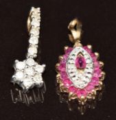 Two 9ct gold pendants, one set with diamonds the other with rubies and diamonds, 1.8g