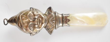 George V novelty hallmarked silver baby's rattle formed as a pixie or similar, Birmingham 1933,