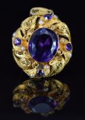 Victorian filigree pendant / brooch set with amethysts and pearls, 8.3g, 4 x 3cm