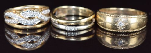 Three 9ct gold rings set with diamonds, 9.8g, sizes U, N & O