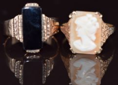A 9ct gold ring set with onyx and a 9ct gold ring set with a cameo, 8g, size N