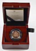 2022 Elizabeth II gold proof full sovereign, Timothy Nead shield reverse, in fitted wooden Royal