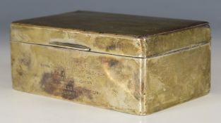 George V hallmarked silver cigarette box with engraved South Shields interest presentation,