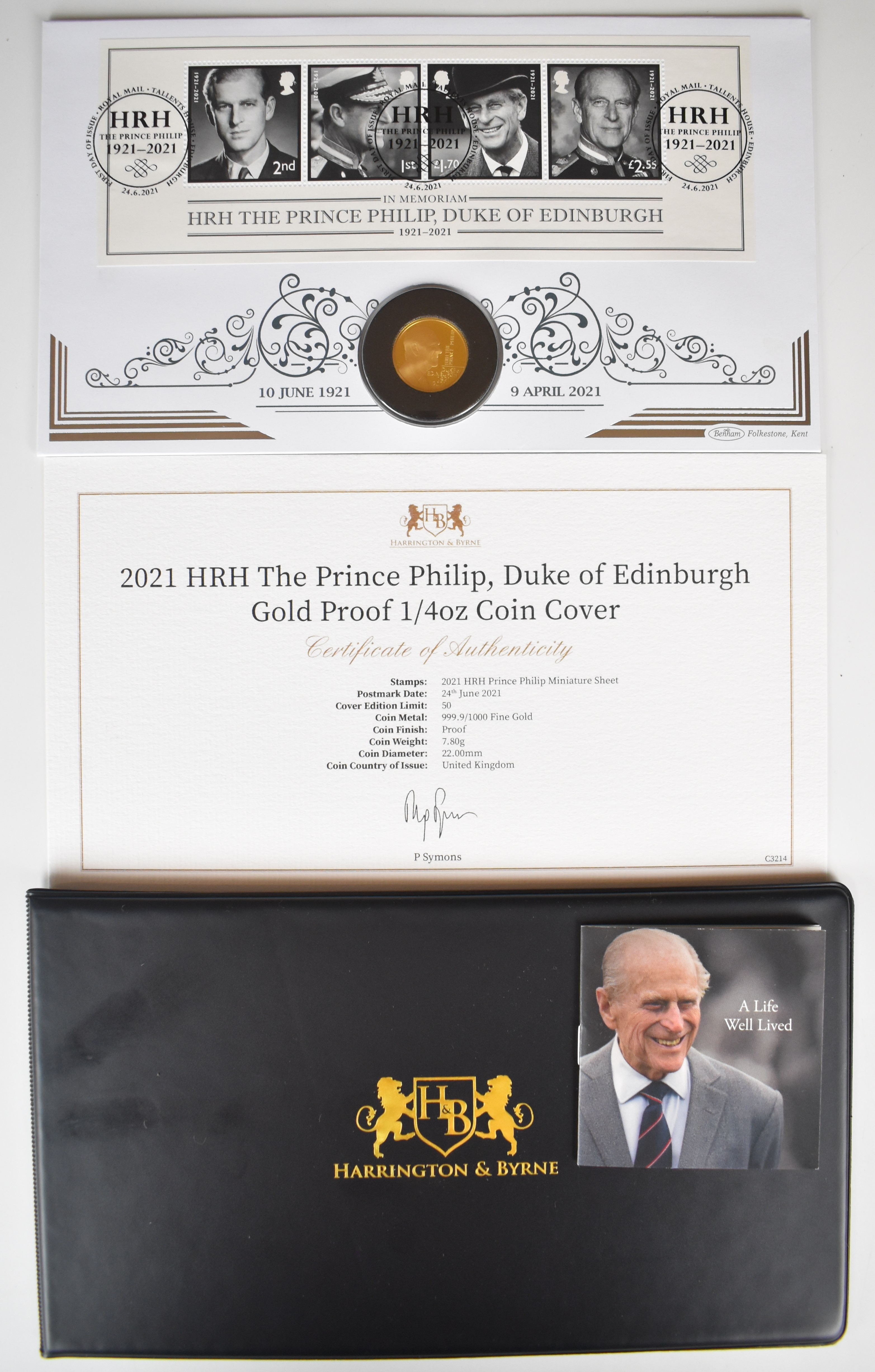2021 HRH Duke of Edinburgh gold proof ¼oz 999.9 coin cover, in presentation pack, with certificate
