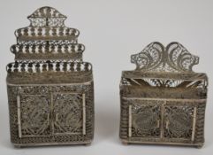 Pair of filigree silver novelty miniature or doll's house sideboards, with shelf above, opening