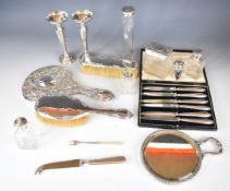 Hallmarked silver mounted items to include two mirrors, pair of trumpet vases, height 15.5cm, silver