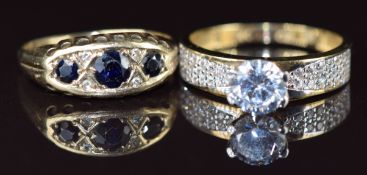 Two 9ct gold rings, one set with sapphires and diamonds and the other with cubic zirconia, 4.3g,