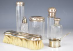 Five hallmarked silver lidded glass dressing table pots and similar, hallmarked silver mounted