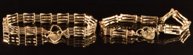 Two 9ct gold gate bracelets with heart padlock clasps, 8.2g