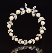 Art Deco 9ct gold wreath brooch set with natural pearls and rose cut diamonds, 5.1g, 2.5cm