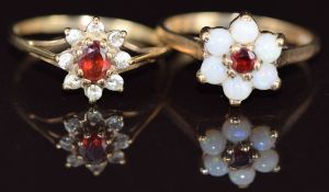 Two 9ct gold rings, one set with a garnet surrounded by opals the other a garnet surrounded by cubic
