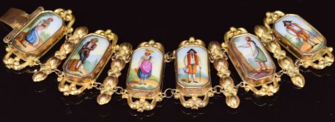 Swiss yellow metal bracelet set with six painted porcelain plaques of the six Cantons, 17.8cm