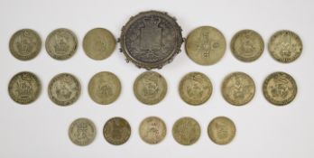 Pre 1947 coinage to include an early Victorian crown in brooch mount, total weight approximately