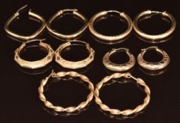 Five pairs of 9ct gold hoop earrings, 10.3g