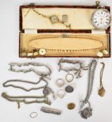 A silver pocket watch, silver Albert (44g), silver fob, silver coin brooch, etc