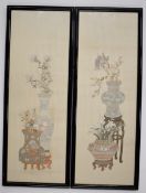 Two Chinese embroideries of vases and jardinières, 79 x 29cm