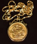 1906 Edward VII gold full sovereign in 9ct gold pendant mount, on 9ct gold chain, 11.7g