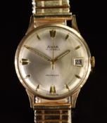 Avia 9ct gold gentleman's wristwatch with date aperture, luminous hands, gold hour markers, silver