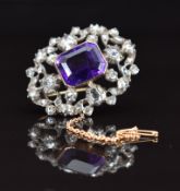 Victorian brooch set with an emerald cut amethyst surrounded by rose cut diamonds, 11.3g, 3.8 x 2.