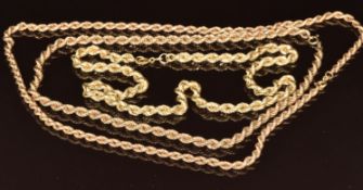 Three 9ct gold rope twist necklaces, 24g, 40, 54 & 45cm