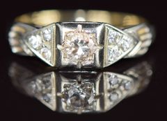 Art Deco 9k gold ring set with diamonds, centre diamond approximately 0.2ct, size J/K
