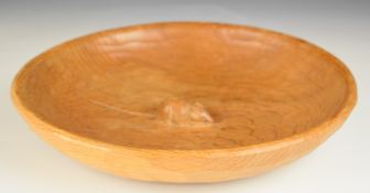 Robert Mouseman Thomson adzed oak pedestal bowl with carved signature mouse to outer rim, height 5 x