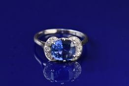 Art Deco platinum ring set with a cushion cut natural untreated Ceylon sapphire of approximately 3.
