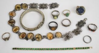 Art Deco German bracelet set with paste, another Art Deco bracelet, Victorian silver ring, six white