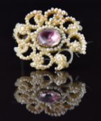Georgian brooch set with a foiled paste and threaded pearls, 3.2g, 2.8 x 2.3cm