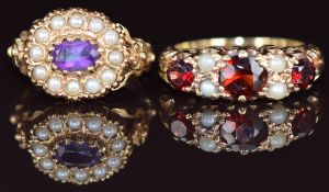 A 9ct gold ring set with an oval cut amethyst surrounded by seed pearls and amethyst and a 9ct