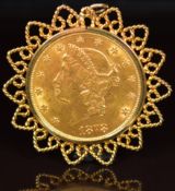 1878 USA $20 Liberty head gold coin, in unmarked gold mount, 40.6g