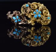 Victorian brooch / pendant with pierced scrolling decoration set with turquoise, verso a small