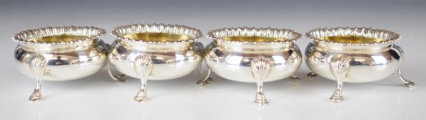 Set of four Georgian hallmarked silver hoof footed open salts with gadrooned edges, London 1783,