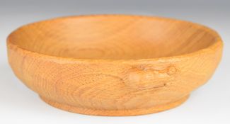Robert Mouseman Thomson adzed oak pedestal bowl with carved signature mouse to outer rim, height 4.5